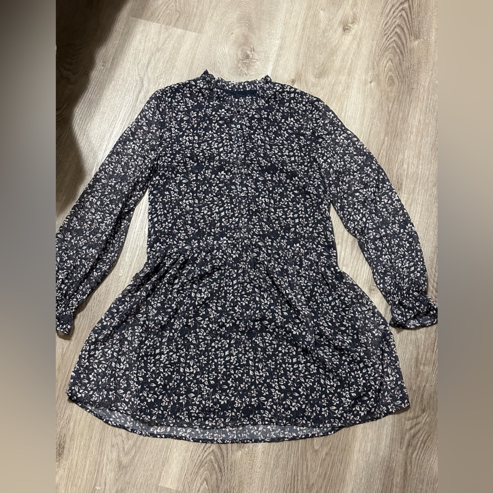 Dark blue and white flowers long sleeve dress